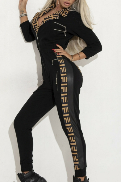 Women Hot Popular Classic Black Long Sleeve Zip-Front Tribal Printed Side Sport Jumpsuits