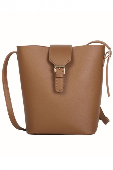 Women's Elegant Solid Color PU Leather Belt Buckle Crossbody Bucket Bag 18.5*22.5*10 CM