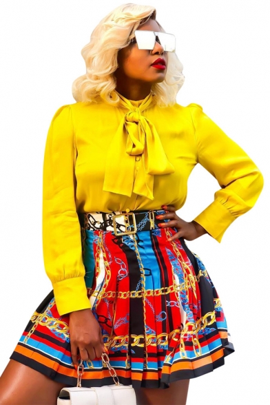 Women's Fashion Digital Chain Print Mini Pleated A- line Skirt With Waistband