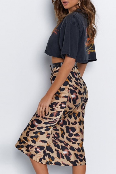 Women's Sexy Leopard Pattern High Rise Midi Shift Skirt