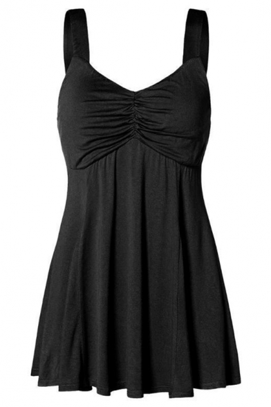 Women's Summer Hot Fashion Ruched V-Neck Sleeveless Plain Mini A-Line Pleated Dress