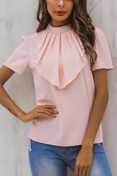 Womens Chic Plain Pink Stand Collar Short Sleeve Ruffled Front Chiffon Blouse Top