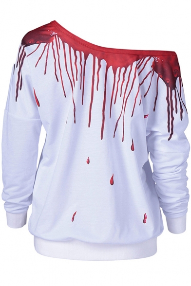 Womens Dropped Blood Printed Oblique One Shoulder Long Sleeve White Sweatshirt