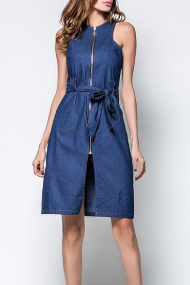 Womens Elegant Blue Round Neck Sleeveless Zipper Front Bow-Tied Waist Midi A-Line Denim Dress