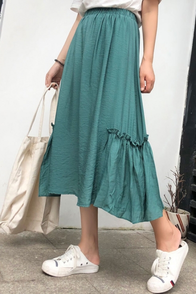 Womens Fashion Plain Elastic Waist Casual loose A-Line Midi Flared Skirt