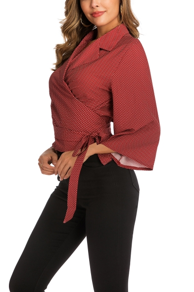 Womens Fashion Red Polka Dot Printed Notched Lapel Collar Three-Quarter Sleeve Tied Waist Blouse Shirt