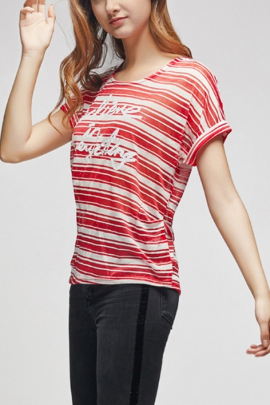 Womens Fashion Simple Letter Striped Print Round Neck Short Sleeve Casual Tee