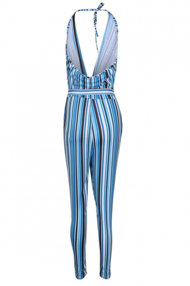 Womens Hot Fashion Halter V-Neck Blue Stripes Sleeveless Waist Tie Slinky Jumpsuits