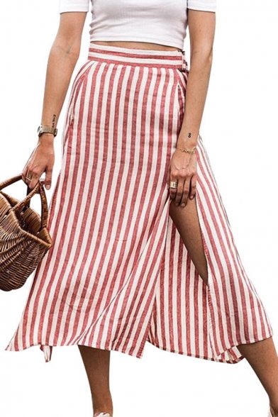 Womens Hot Fashion Red Stripped High Waist Split Side Midi Summer Skirt