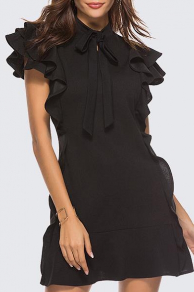 Womens Plain Bow-Neck Ruffle Trim Sleeve A-Line Mini Petite Dress