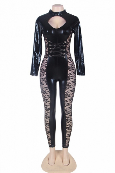 Womens Hot Sexy Black Long Sleeve Cutout Sheer Lace Patch Lace Up Front Patent Jumpsuits