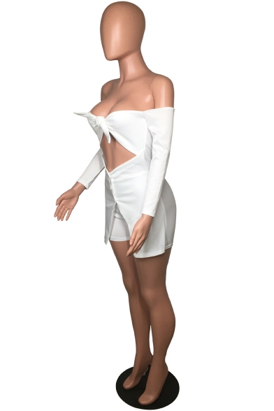 Womens Hot Stylish Plunge V Neck Cutout Knotted Off Shoulder Long Sleeve White Slim Bodycon Romper