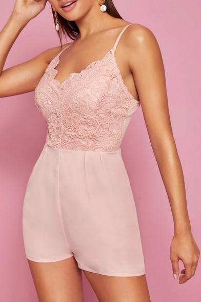 Womens New Trendy Sexy Pink Spaghetti Straps Backless Lace Panel Romper