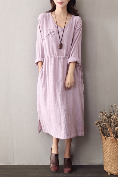 Womens Plain Vintage V Neck Long Sleeves Drawstring Waist Cotton and Linen Casual Loose Midi Dress