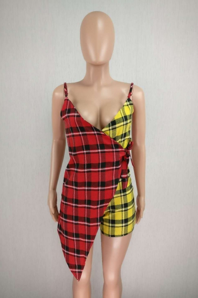 Womens Sexy Deep V Neck Straps Sleeveless Red Yellow Check Patch Asymmetric Romper