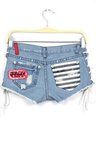 Womens Sexy Night Club Unique Star Striped Flag Print Lace-Up Side Raw Hem Blue Hot Pants Jeans Denim Shorts