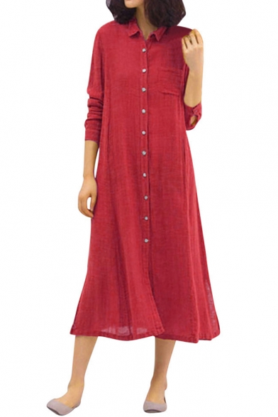 Womens Simple Plain Long Sleeve Split Side Button Down Comfort Linen Maxi Shirt Dress