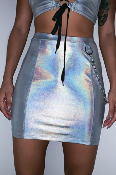 

Womens Street Fashion Cool Metallic Color Silver Mini Bodycon Skirt for Party, LM542668