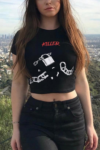 Womens Street Style Black Letter KILLER Lock Chain Printed Fitted Crop Tee