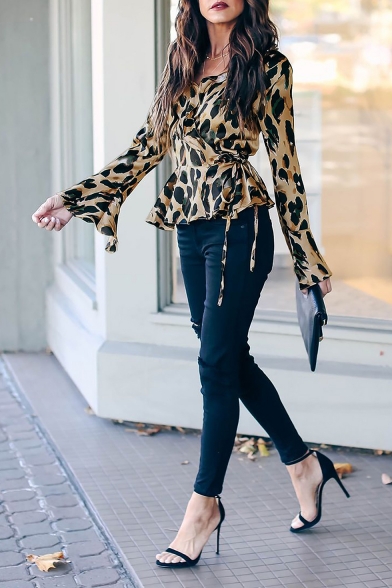 Womens Stylish Leopard Printed Ruffled Tied Surplice V-Neck Flared Long Sleeve Blouse