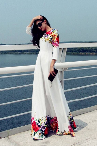 Womens Summer Fancy Floral Printed Round Neck Three-Quarter Sleeve White Maxi Swing Dress