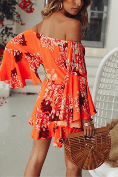 Womens Summer Holiday Orange Floral Print Off Shoulder Flared Sleeve Mini A-Line Dress