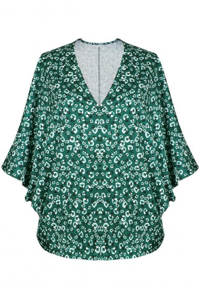 Womens Summer Stylish Green Pattern V-Neck Batwing Sleeve Loose Casual Blouse Top