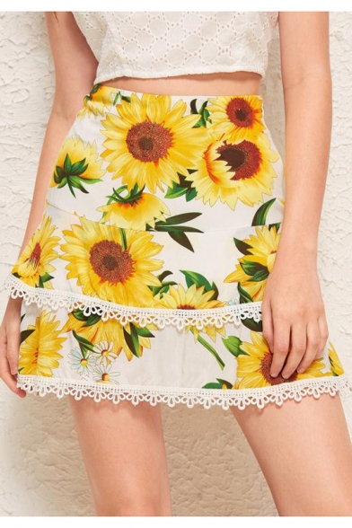 Womens Summer Stylish Yellow Sunflower Printed Mini A-Line Layered Skirt