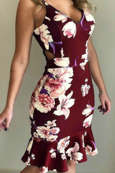 Womens Trendy Fancy Floral Printed V-Neck Cutout Waist Midi Bodycon Ruffled Slip Dress