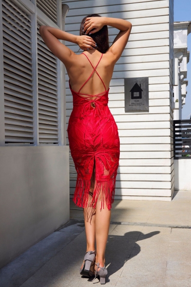 Womens Trendy Simple Plain Tassel Hem Open Back V-Neck Midi Lace Cami Dress