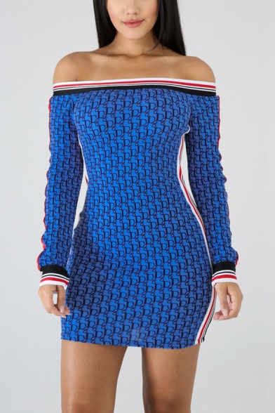 Womens Unique Blue Striped Trim Sexy Off the Shoulder Long Sleeve Mini Bodycon Dress