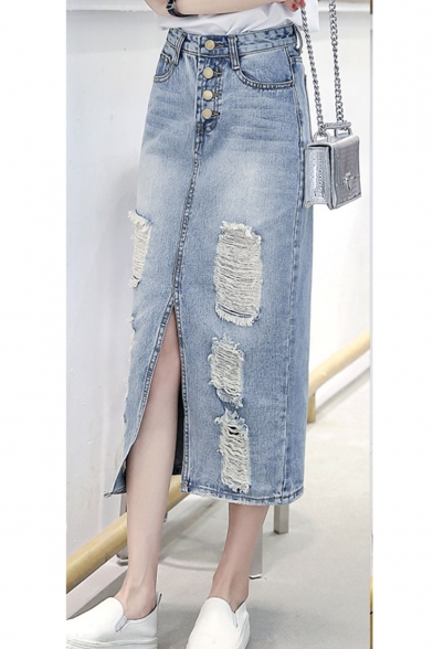 Wonens Fashion Plain Ripped Split Front Button Down Maxi Denim Skirt With Pocket