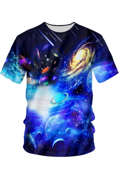3D Blue Whirlpool Universe Galaxy Printed Round Neck Short Sleeve T-Shirt
