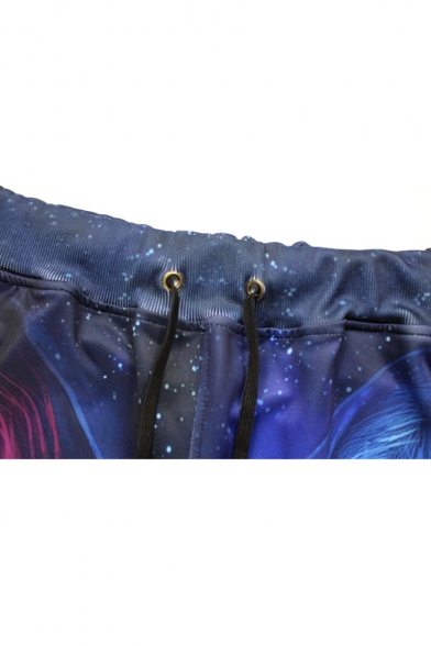 3D Wolf Galaxy Printed Drawstring Waist Dark Blue Casual Sport Sweatpants