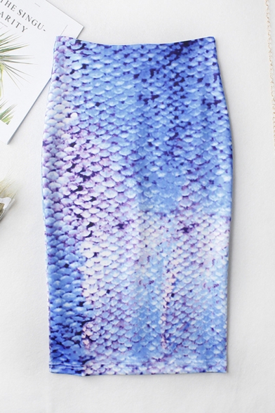 

Autumn&Winter Women Hot Fashion Blue Fish Scale Print Split Back Midi Pencil Bodycon Skirt, LM545658