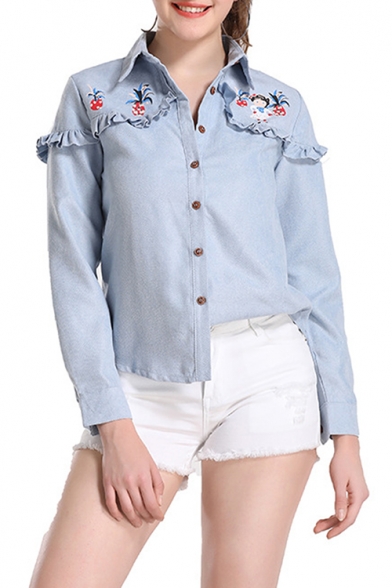 Chic Fancy Floral Embroidery Womens Fashion Ruffled Hem Long Sleeve Button Down Shirt