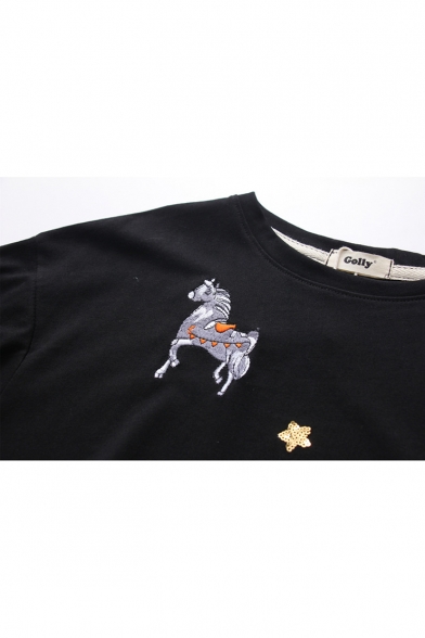 Chic Horse Embroidery Round Neck Short Sleeve Loose T-Shirt