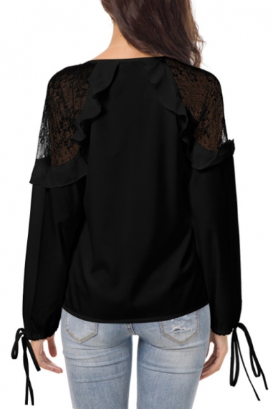 Chic Lace Panel Long Sleeve Tied V-Neck Solid Color Chiffon Blouse