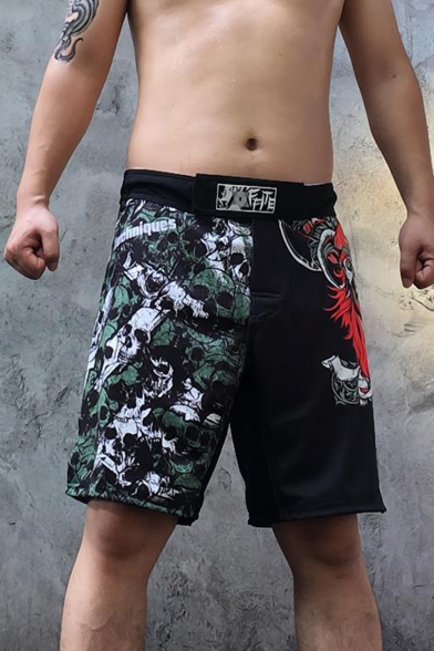 Cool Fashion Black and Green Colorblocked Skull Printed Elastic Waist Loose Fit Boxing Shorts