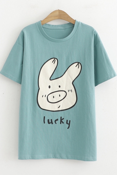 Cute Cartoon Lucky Pig Pattern Short Sleeve Loose Fit T-Shirt