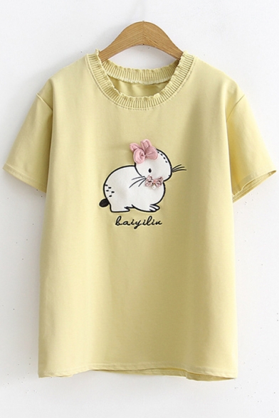 Cute Cartoon Rabbit Embroidery Basic Round Neck Short Sleeve Casual Tee