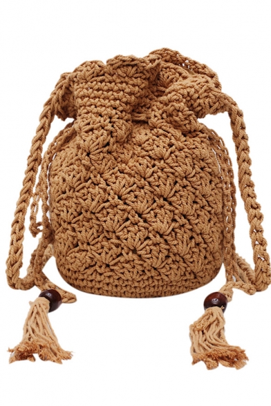 Designer Solid Color Tassel Embellishment Drawstring Straw Crossbody Bucket Bag 11*18*7 CM