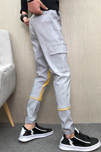 Fashion Color Block Flap Pocket Drawstring Waist Elastic Cuff Slim Cut Men's Casual Cotton Cargo Pants