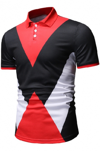 Fashion Color Block Three-Button Front Short Sleeve Slim Polo for Men