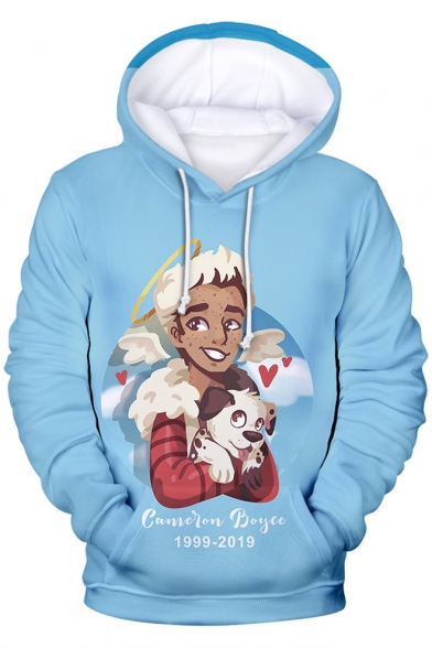 Funny Cartoon Comic Boy with A Dog Pattern Light Blue Pullover Drawstring Hoodie