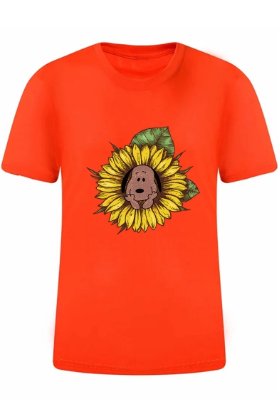Funny Unique Dog Sunflower Pattern Round Neck Short Sleeve Casual Loose T-Shirt