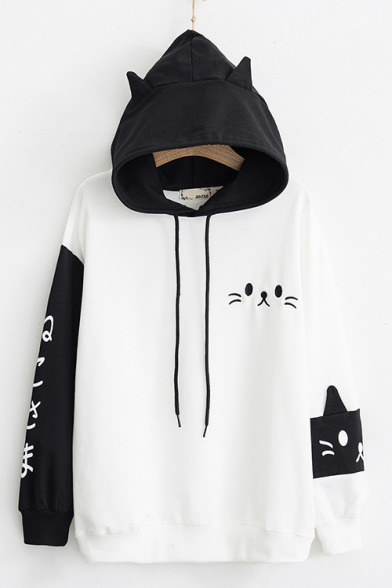 Girls Lovely Cartoon Cat Printed Two-Tone Black and White Loose Fit Hoodie