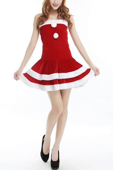 Girls New Fashion Christmas Cosplay Red Mini Bandeau Dress Performance Dress with Hat