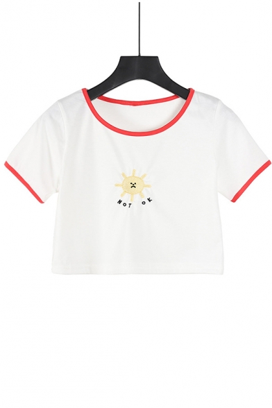 Girls Simple Cartoon Sun Embroidery Contrast Trim Round Neck Short Sleeve White Crop Tee
