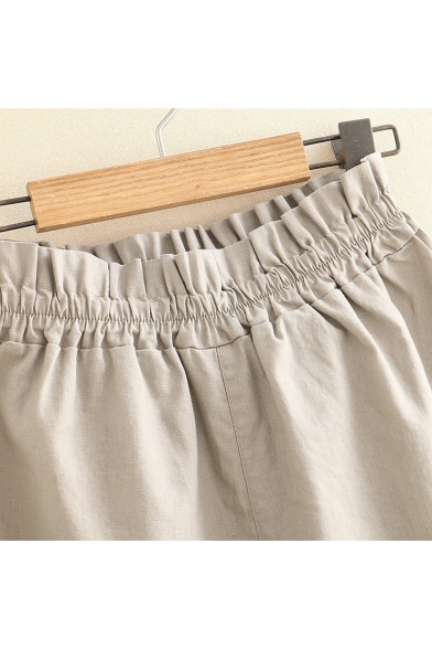 Girls Summer Fashion Plain Elastic Waist Loose Fitted Linen Shorts